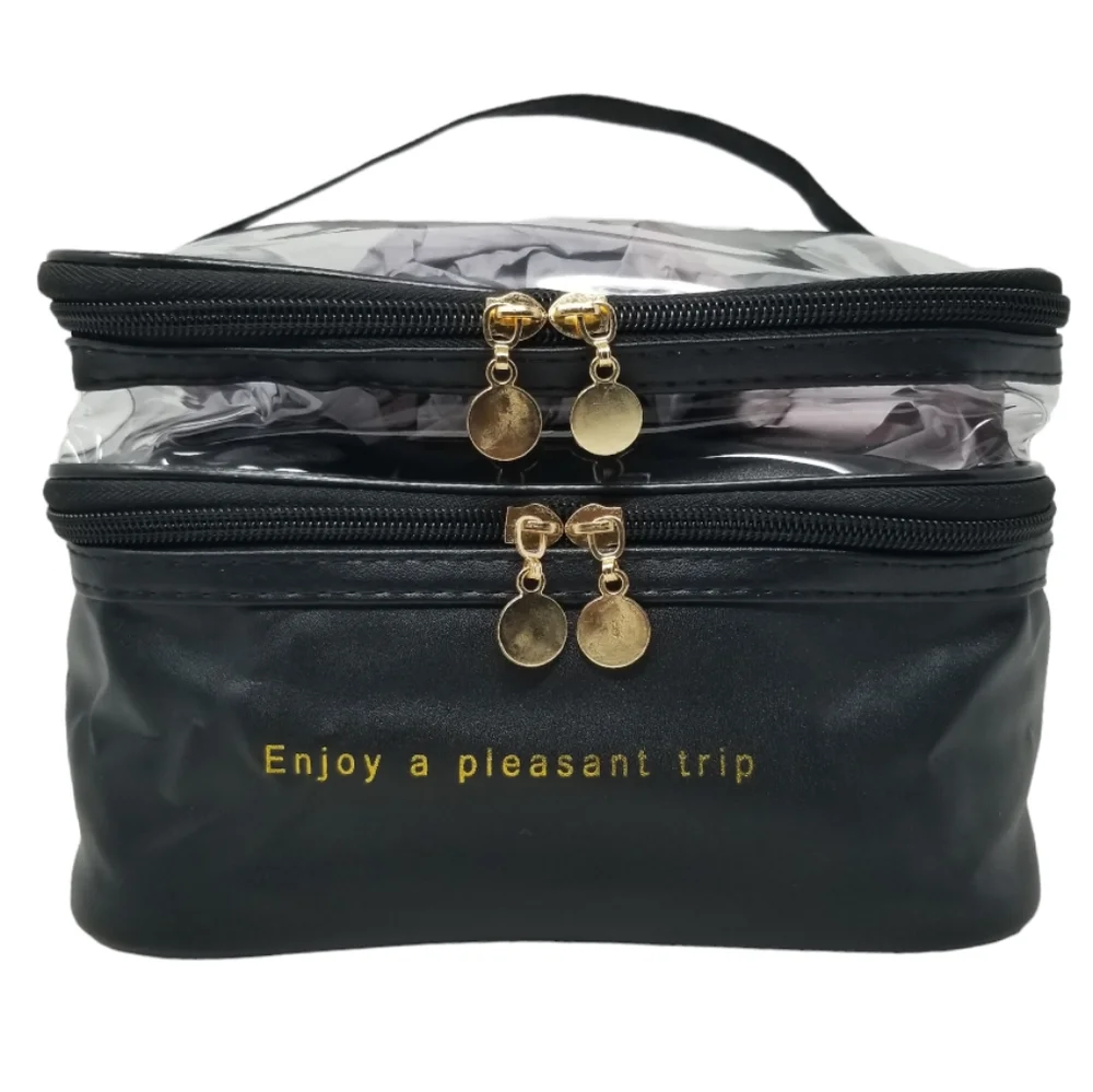 Double layer Black cosmetic bag with Clear top